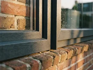 Antracietgrijze kunststof kozijn met houtnerf finish in Nederlandse bakstenen gevel, warm middaglicht op getextureerd oppervlak.