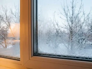 Bevroren PVC-raamkozijn met ijskristallen en condensatie, kale besneeuwde bomen op de achtergrond, warm amberkleurig binnenlicht.