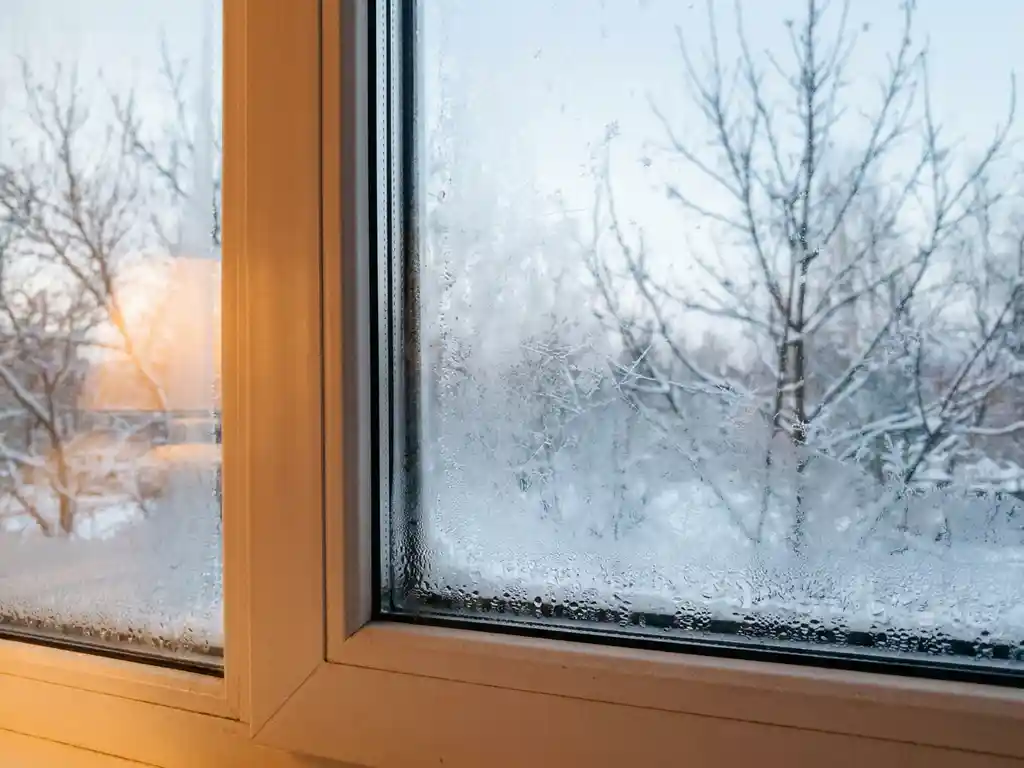 Bevroren PVC-raamkozijn met ijskristallen en condensatie, kale besneeuwde bomen op de achtergrond, warm amberkleurig binnenlicht.