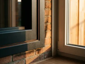 Brandwerend raamkozijn met oranje gloeiende intumescerende afdichtingen naast standaard wit PVC-kozijn in Nederlandse woning.