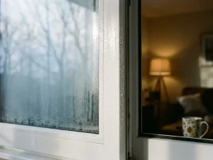 Waterdruppels op wit PVC-kozijn met condens door koude buitentemperatuur, warme Nederlandse woonkamer op achtergrond.