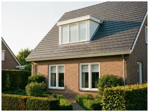 Witte uPVC dakkapel op leien schuin dak van Nederlandse rijtjeswoning met bakstenen gevel en bijpassende kozijnen in avondlicht.