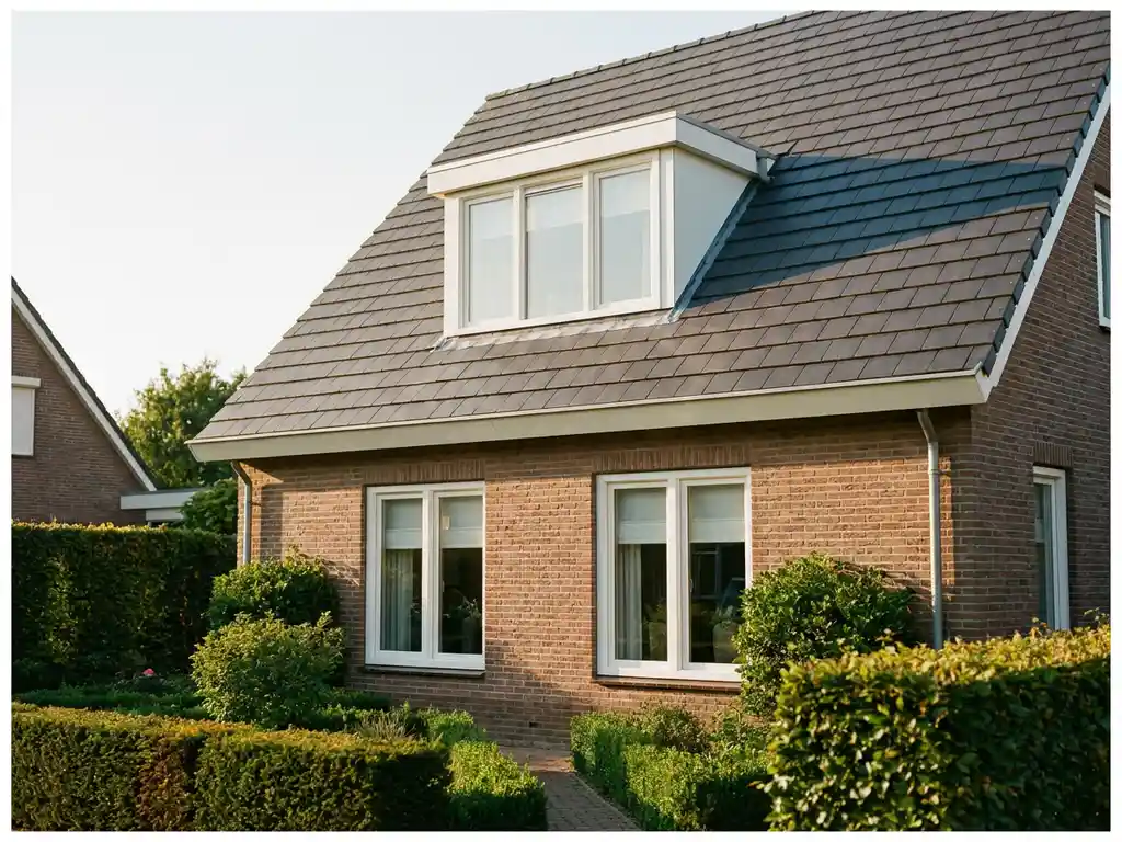 Witte uPVC dakkapel op leien schuin dak van Nederlandse rijtjeswoning met bakstenen gevel en bijpassende kozijnen in avondlicht.