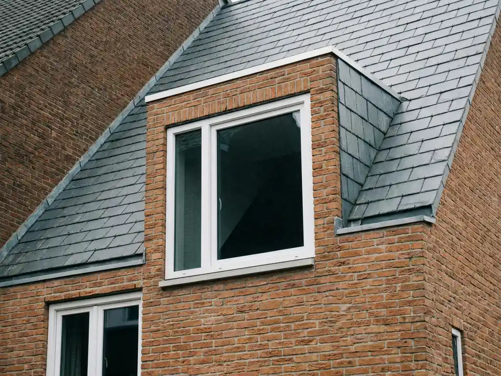 Dakraam in schuine pannendak van Nederlandse woning met bakstenen gevel, wit PVC kozijn en bewolkt daglicht.