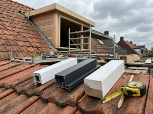 Dakkapel in aanbouw op Nederlands woonhuis met materiaalstalen van PVC, aluminium en hout op dakpannen, meetlint en potlood erbij.