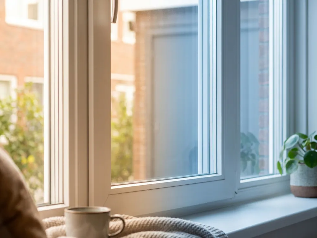 Wit PVC-raamkozijn met drievoudige beglazing en warmtegradiënt van amber naar blauw, condensatievrij, in Nederlands interieur.
