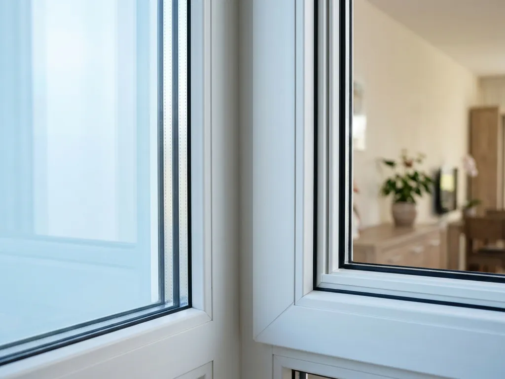 Wit uPVC raamkozijn met drievoudige beglazing in Nederlandse woning, daglicht weerkaatst op condensatievrij glas.