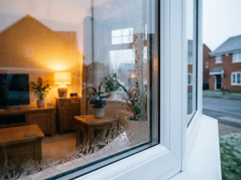 Bevroren uPVC-raamkozijn met drievoudige beglazing, warm gouden interieurlicht zichtbaar vanuit Nederlandse woonkamer, winterdaglicht buiten.