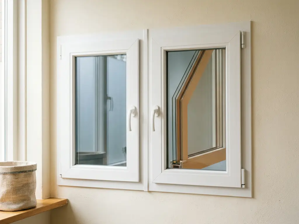 Twee witte PVC-kozijnen naast elkaar in Nederlandse woning, links dubbelglas, rechts zichtbaar driedubbel glasprofiel, noordelijk daglicht.