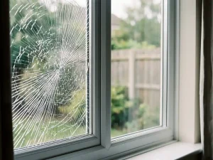 Gebarsten dubbelglas met spinnenwebpatroon naast helder glas in wit PVC kozijn, daglicht filtert naar binnen.