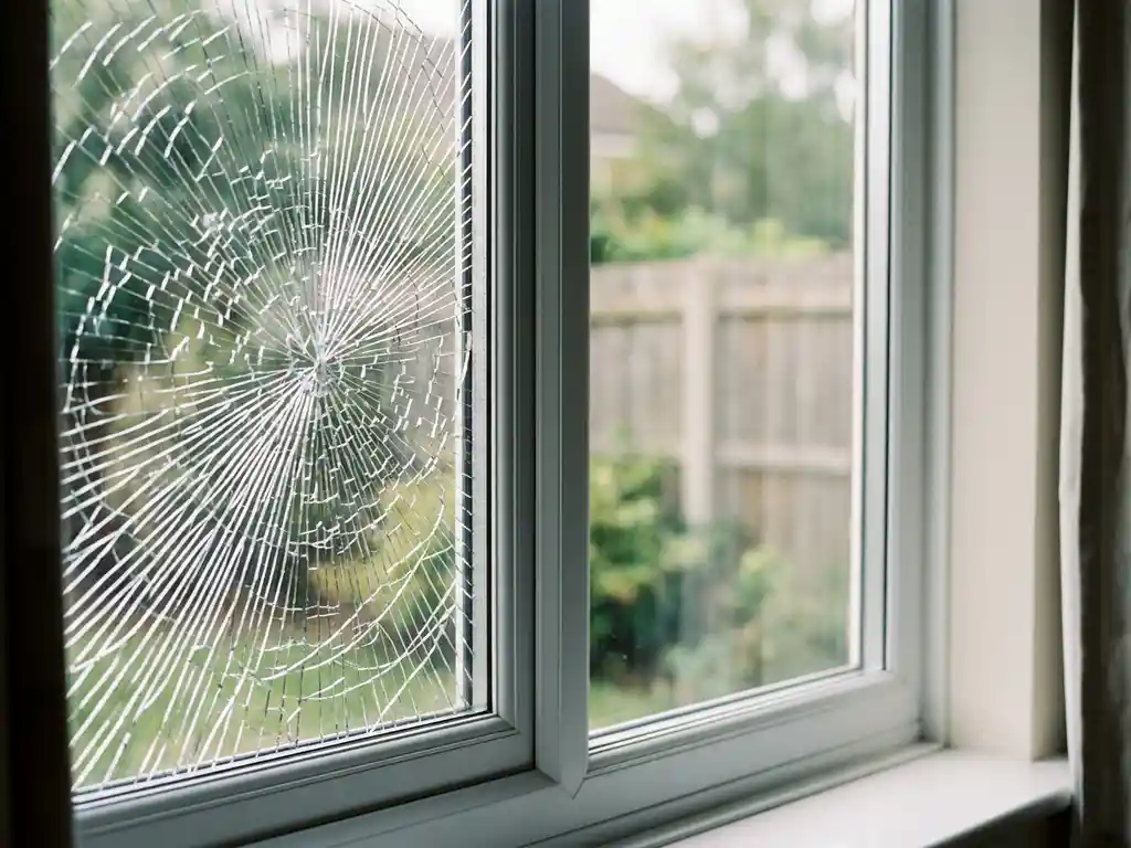 Gebarsten dubbelglas met spinnenwebpatroon naast helder glas in wit PVC kozijn, daglicht filtert naar binnen.