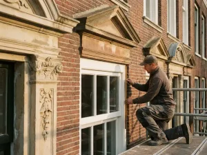 Vakman meet wit kozijn op gerestaureerde Amsterdamse grachtenpandgevel met sierlijk metselwerk en natuurstenen details.