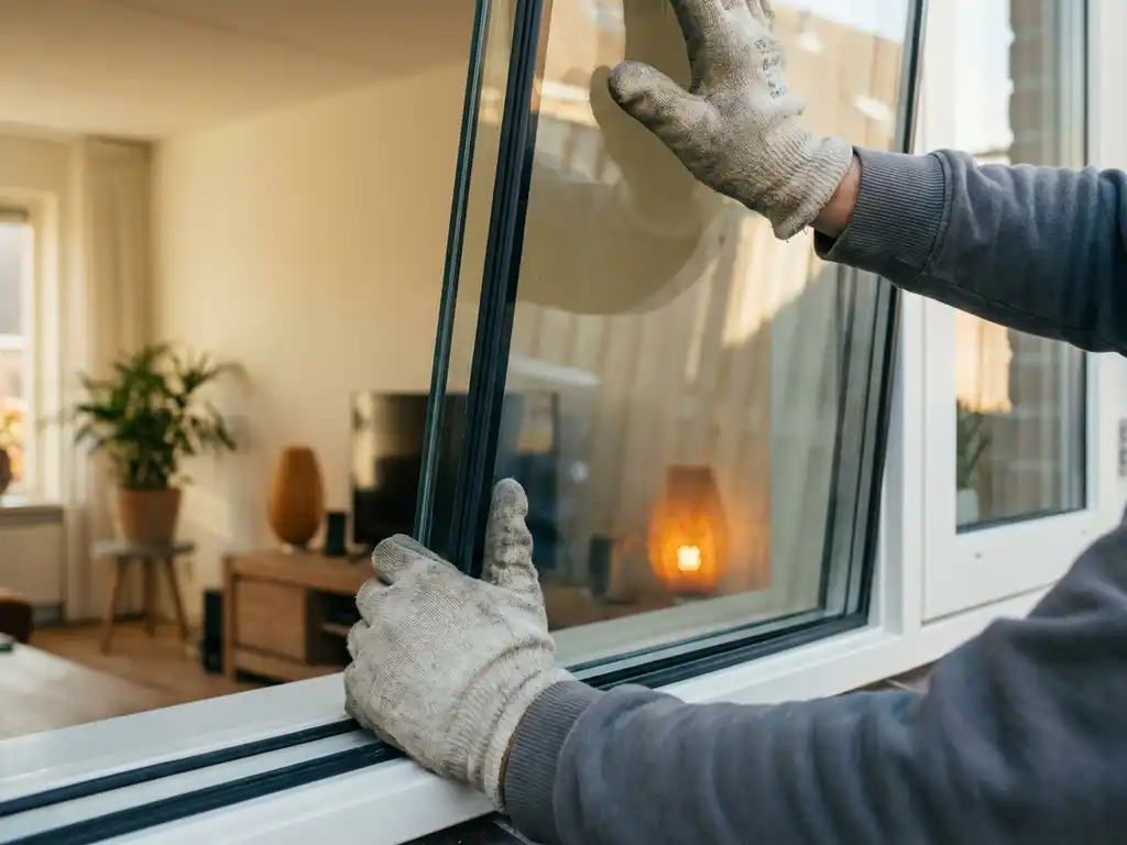 Glazenier plaatst dubbel glas in wit PVC kozijn, gehandschoende handen drukken ruit in rubberen afdichtingsstrip.