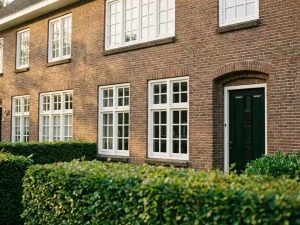 Klassieke Nederlandse bakstenen gevel met witte PVC-kozijnen in verschillende maten, voordeur en groene haag op de voorgrond.