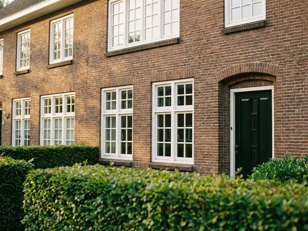 Klassieke Nederlandse bakstenen gevel met witte PVC-kozijnen in verschillende maten, voordeur en groene haag op de voorgrond.