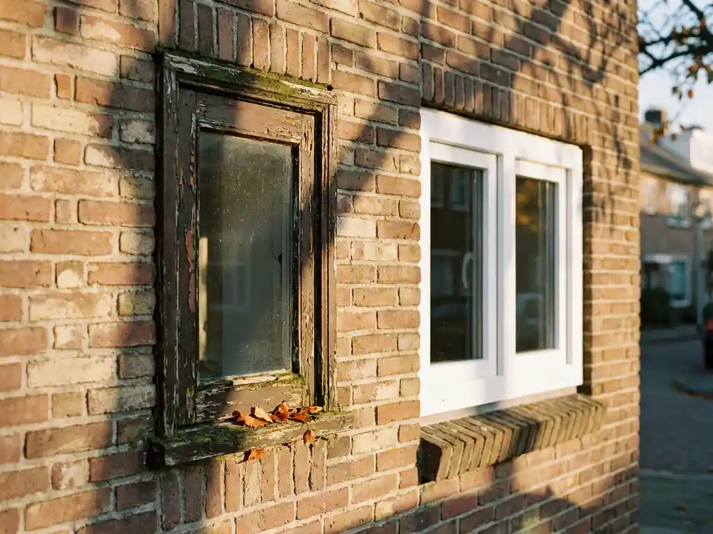 Verouderd houten kozijn naast nieuw wit PVC-kozijn in bakstenen gevel, warm herfstzonnelicht benadrukt het contrast in materiaal en staat van onderhoud.