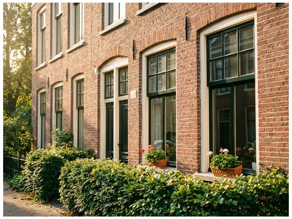 Jaren 30 bakstenen gevel met sierende houten raamkozijnen, boogvormige bovenlichten en groene haag in warm middaglicht.