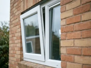 Kanteldraairaam op kier naast vast paneel in wit uPVC kozijn, gemonteerd in Nederlandse bakstenen gevel met zacht daglicht.
