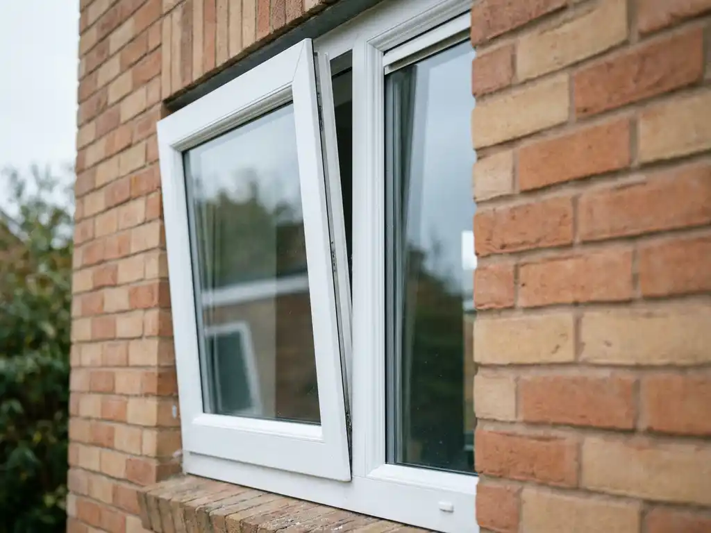Kanteldraairaam op kier naast vast paneel in wit uPVC kozijn, gemonteerd in Nederlandse bakstenen gevel met zacht daglicht.