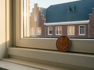 Keurmerk medaillon tegen een nieuw geplaatst wit kunststof kozijn met Nederlandse gevel zichtbaar door het glas.