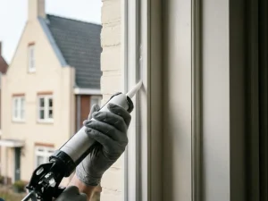 Gehandschoende hand die witte kit aanbrengt langs de rand van een PVC-kozijn, buitengevel van Nederlandse woning op de achtergrond.