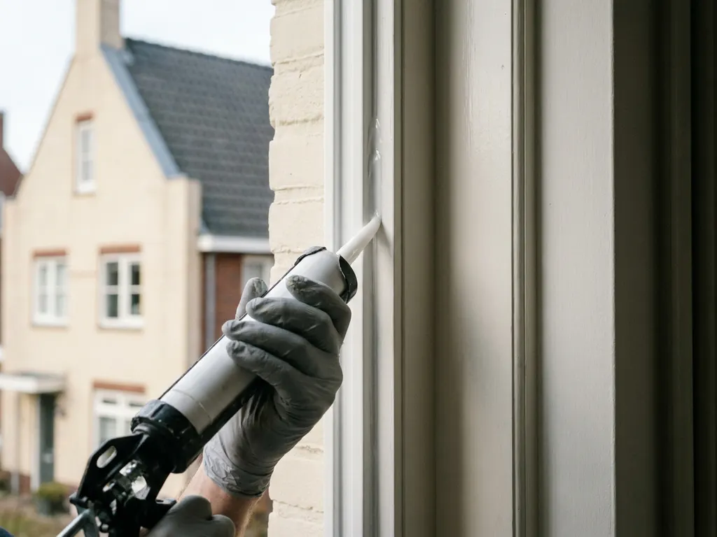 Gehandschoende hand die witte kit aanbrengt langs de rand van een PVC-kozijn, buitengevel van Nederlandse woning op de achtergrond.