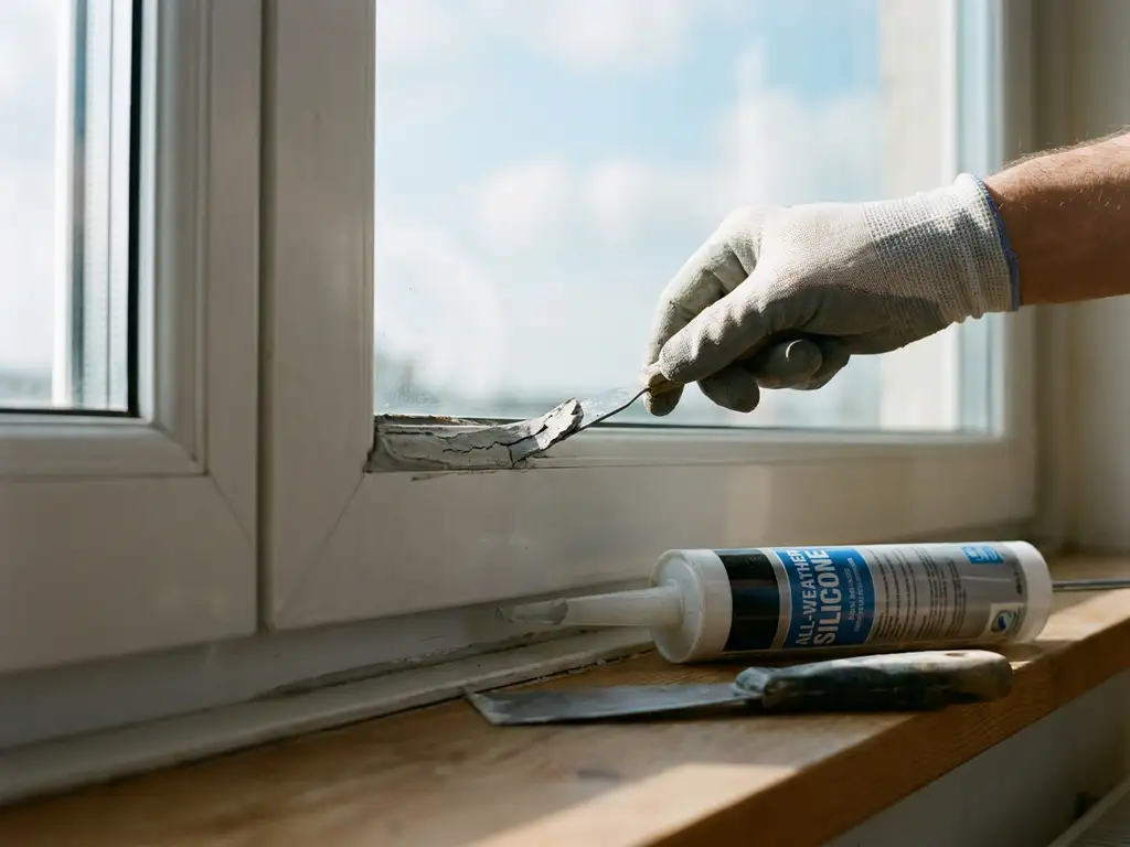 Verouderde grijze kit die wordt verwijderd van een wit uPVC-kozijn, met een tube siliconekit en plamuurmes op de vensterbank.