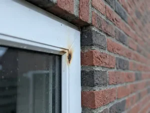 Wit PVC-kozijn in bakstenen gevel met zichtbare brandschade en hitteverkleuringen langs de rand.