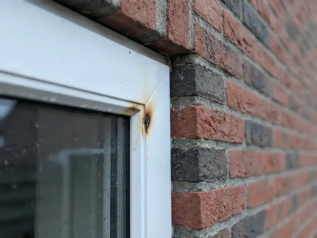 Wit PVC-kozijn in bakstenen gevel met zichtbare brandschade en hitteverkleuringen langs de rand.