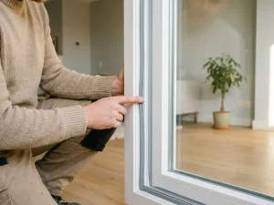 Huiseigenaar inspecteert afdichting en tochtstrip van wit PVC-raamkozijn in Nederlandse woning, zacht daglicht.