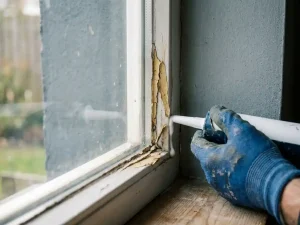 Verweerde vensterhoek met afbladderende gele kit op wit PVC kozijn, gehandschoende hand brengt verse witte kit aan.
