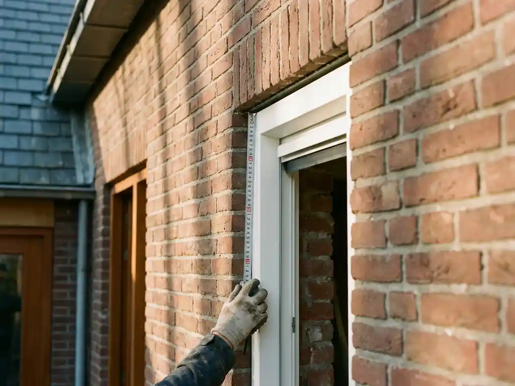 Bouwer meet wit PVC-kozijn met stalen meetlint bij bakstenen gevel in Lelystad, warme middagzon.
