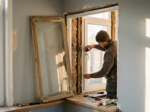 Huiseigenaar meet wit PVC-kozijn op in gedeeltelijk gerenoveerde woonkamer, oud houten kozijn en gereedschap op de vensterbank.
