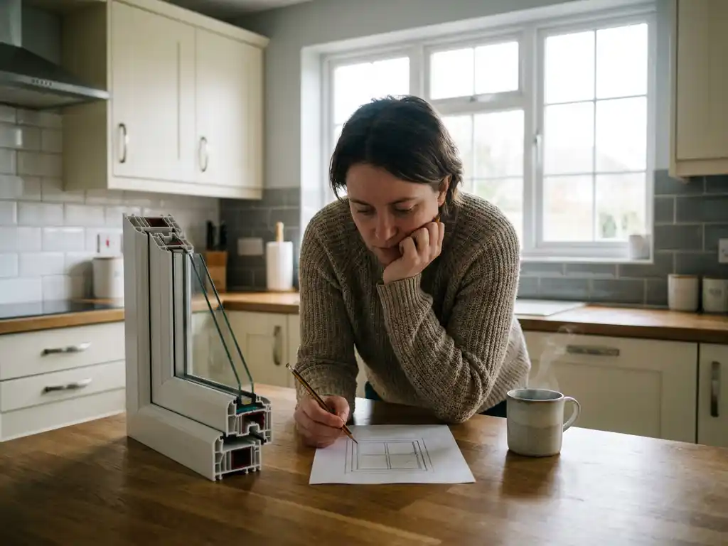 Huiseigenaar bekijkt meetschets van een raamkozijn aan keukentafel met uPVC-profiel en dampende koffie in natuurlijk daglicht.