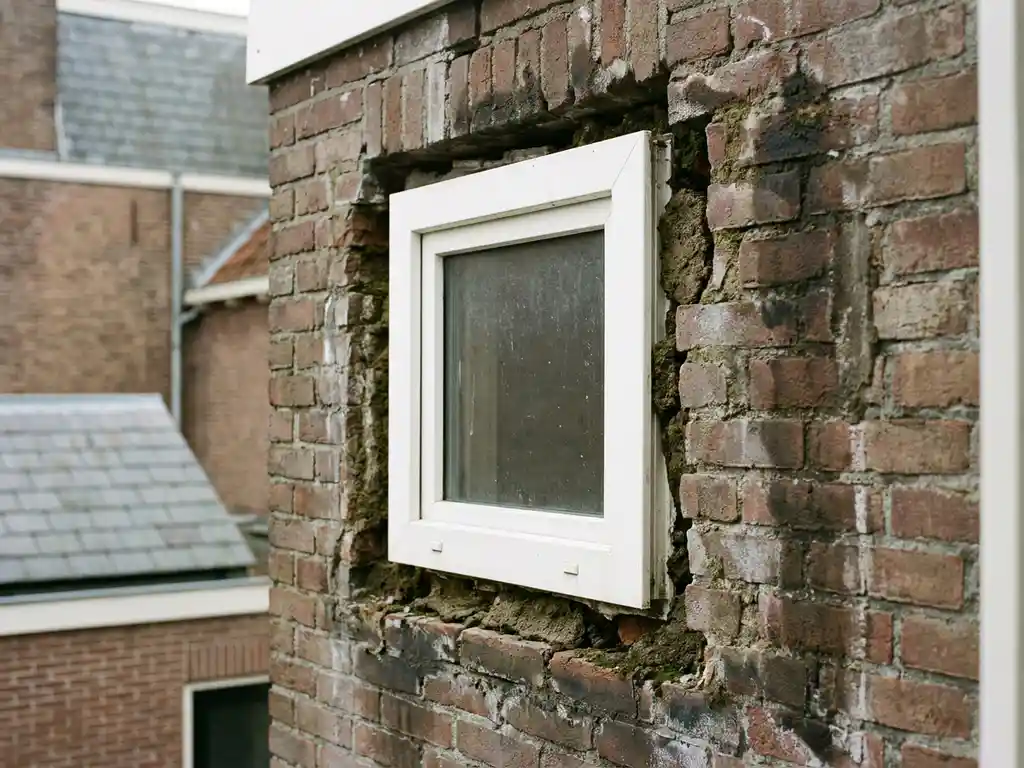 Slecht geïnstalleerd wit PVC-kozijn met zichtbare kieren, afbrokkelend voegwerk en vochtplekken tegen een bakstenen gevel.