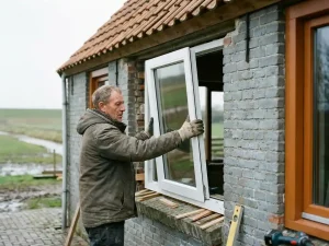 Installateur plaatst groot wit PVC-kozijn in bakstenen Friese boerderij, met houten wiggen en gereedschap op de vensterbank.