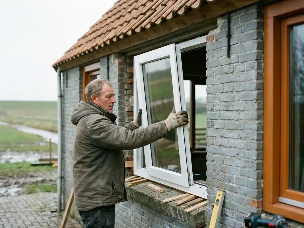 Installateur plaatst groot wit PVC-kozijn in bakstenen Friese boerderij, met houten wiggen en gereedschap op de vensterbank.