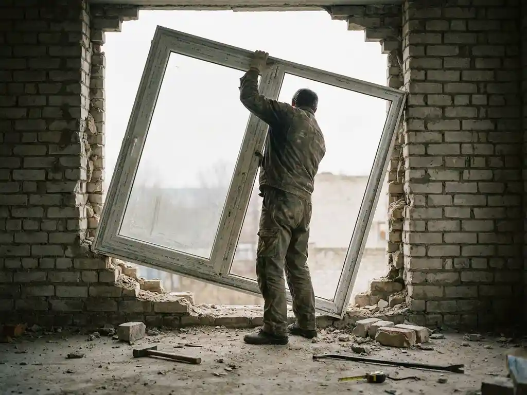 Huiseigenaar plaatst zwaar uPVC-kozijn alleen in bakstenen muuropening, scheve montage en verbrokkeld voegwerk zichtbaar.