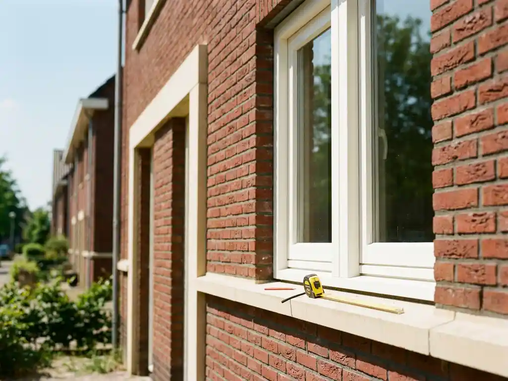 Nieuw geplaatst wit kozijn in bakstenen gevel van rijtjeshuis in Almere, met meetlint en potlood op de vensterbank.