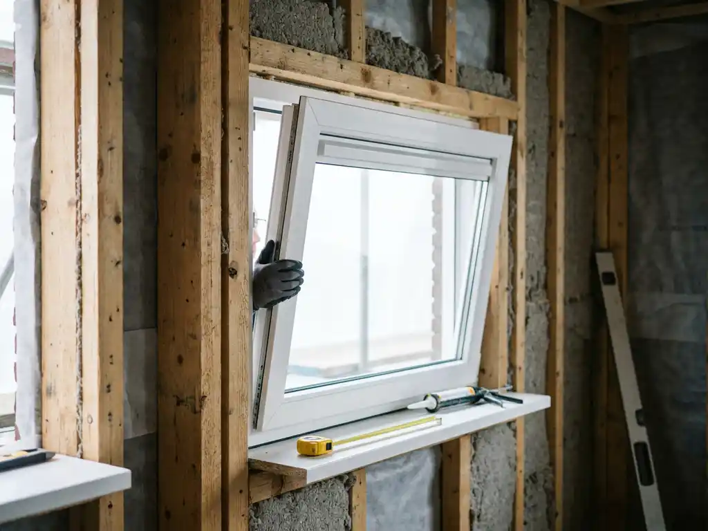 Wit PVC-kozijn geplaatst in houten stijlwandframe op Nederlandse bouwplaats, met isolatie en meetlint zichtbaar.