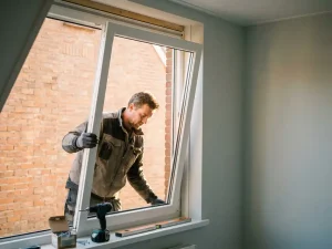 Vakman plaatst wit PVC kozijn in bakstenen Nederlandse woning, gefotografeerd van binnenuit op ooghoogte in warm middaglicht.