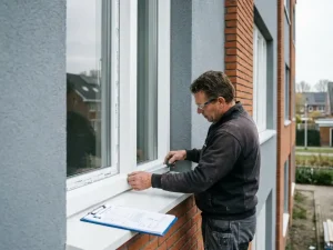 Vakman meet wit PVC kozijn op gevel van moderne woning in Almere, met vergunningsdocument op de vensterbank.