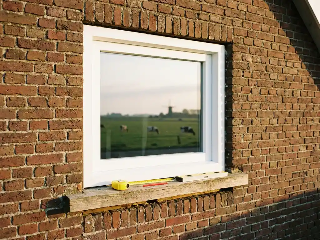 Nieuw wit PVC-kozijn in verweerde bakstenen gevel van Friese boerderij, meetlint en gereedschap op de vensterbank, polderlandschap zichtbaar door het glas.