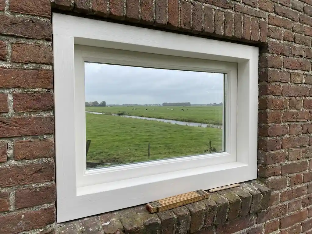 Nieuw geplaatst wit kozijn op Friese boerderijgevel van rode baksteen, met meetlint en potlood op de vensterbank.