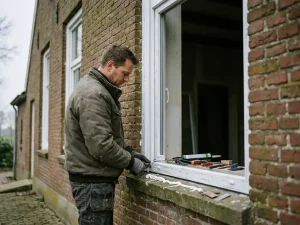 Installateur plaatst wit PVC-kozijn in bakstenen gevel van Fries boerderijhuis, kit en gereedschap op de dorpel.