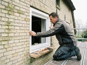 Installateur plaatst wit PVC-kozijn in bakstenen Friese boerderijgevel, kit en gereedschap op de dorpel, bewolkt noordelijk daglicht.