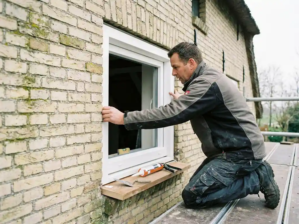 Installateur plaatst wit PVC-kozijn in bakstenen Friese boerderijgevel, kit en gereedschap op de dorpel, bewolkt noordelijk daglicht.