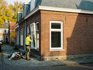 Monteur plaatst wit PVC kozijn in bakstenen hoekgevel van Nederlandse rijtjeswoning tijdens heldere herfstdag.