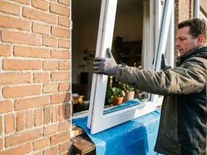 Vakman plaatst groot wit PVC-kozijn in bakstenen gevel van Nederlandse woning, beschermfolie op de vensterbank.