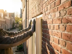 Vakman plaatst wit PVC kozijn in traditionele Nederlandse bakstenen gevel, handschoenen zichtbaar, warm middagzonlicht op rode bakstenen.